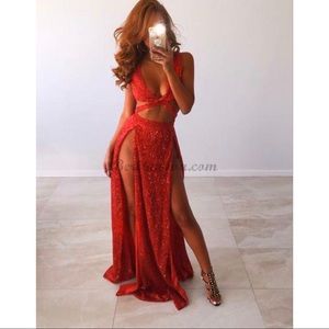 Sexy Red Sequin Double Slit Gown
